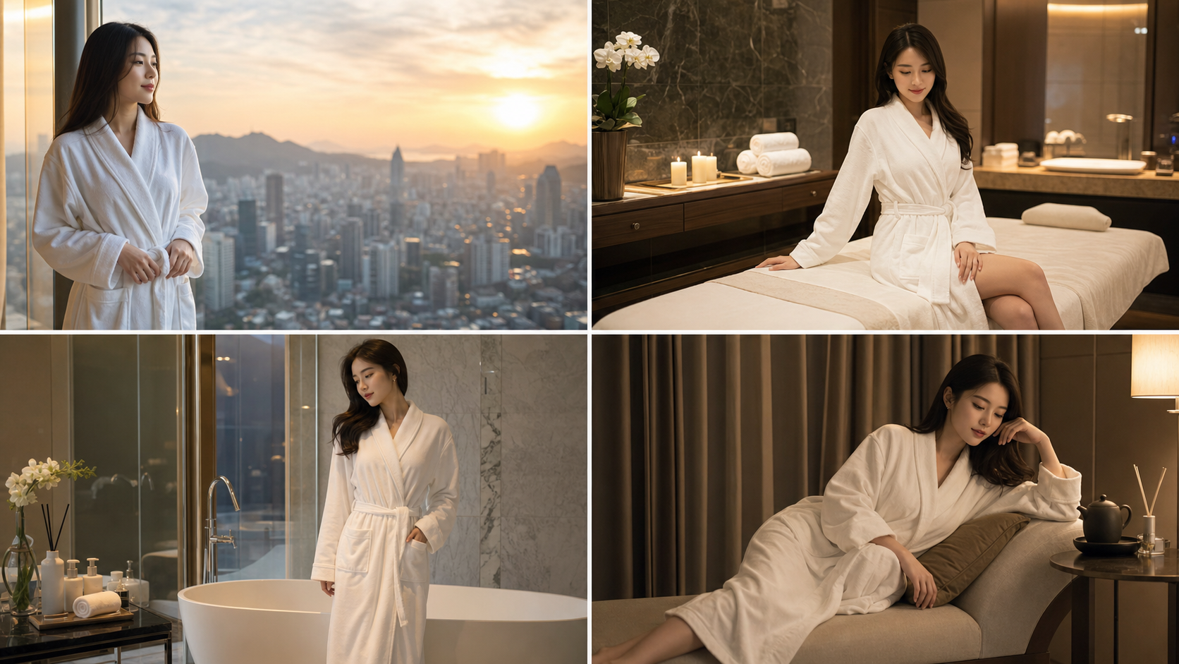 Elegant hotel spa wellness model in robe with warm luxury lighting