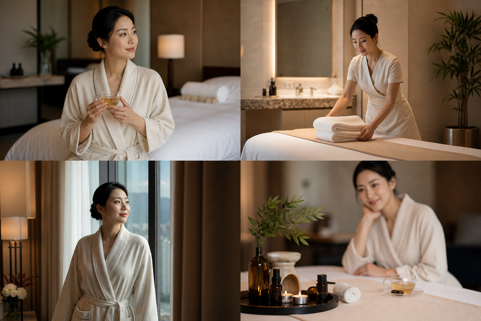 Tasteful female wellness model in a luxury hotel spa lounge