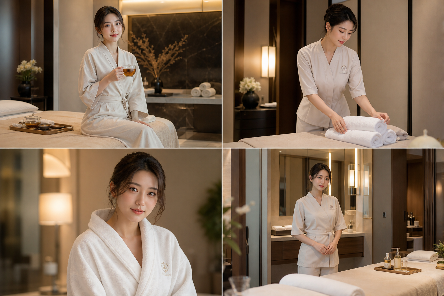 Professional body care room with towels and calm spa lighting